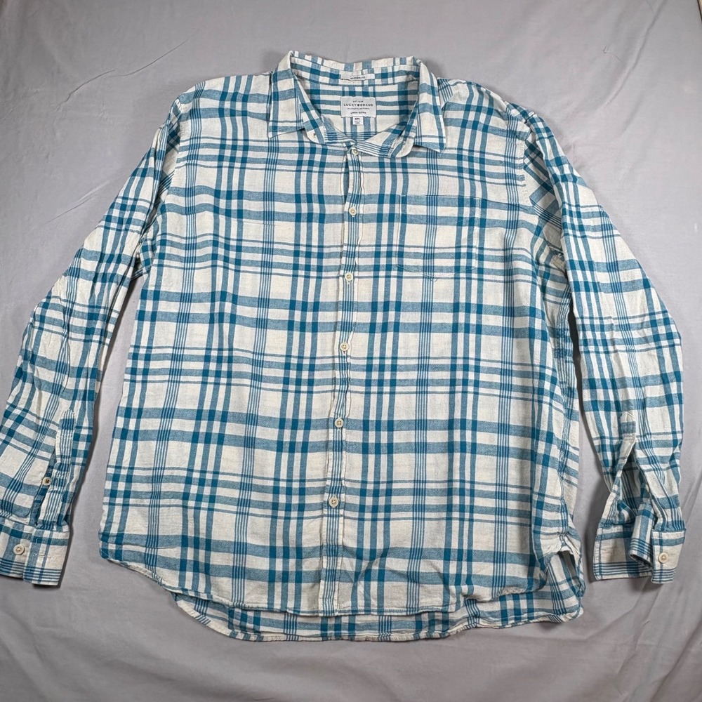 Lucky Brand Mens XXL Blue White Plaid Linen Blend Button Down Shirt Classic Fit